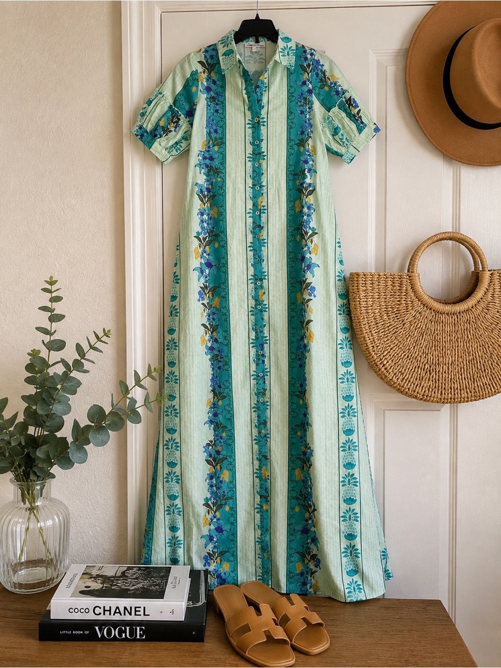 CELINA MOON Seafoam & Teal Floral Stripe Maxi Shirt Dress
